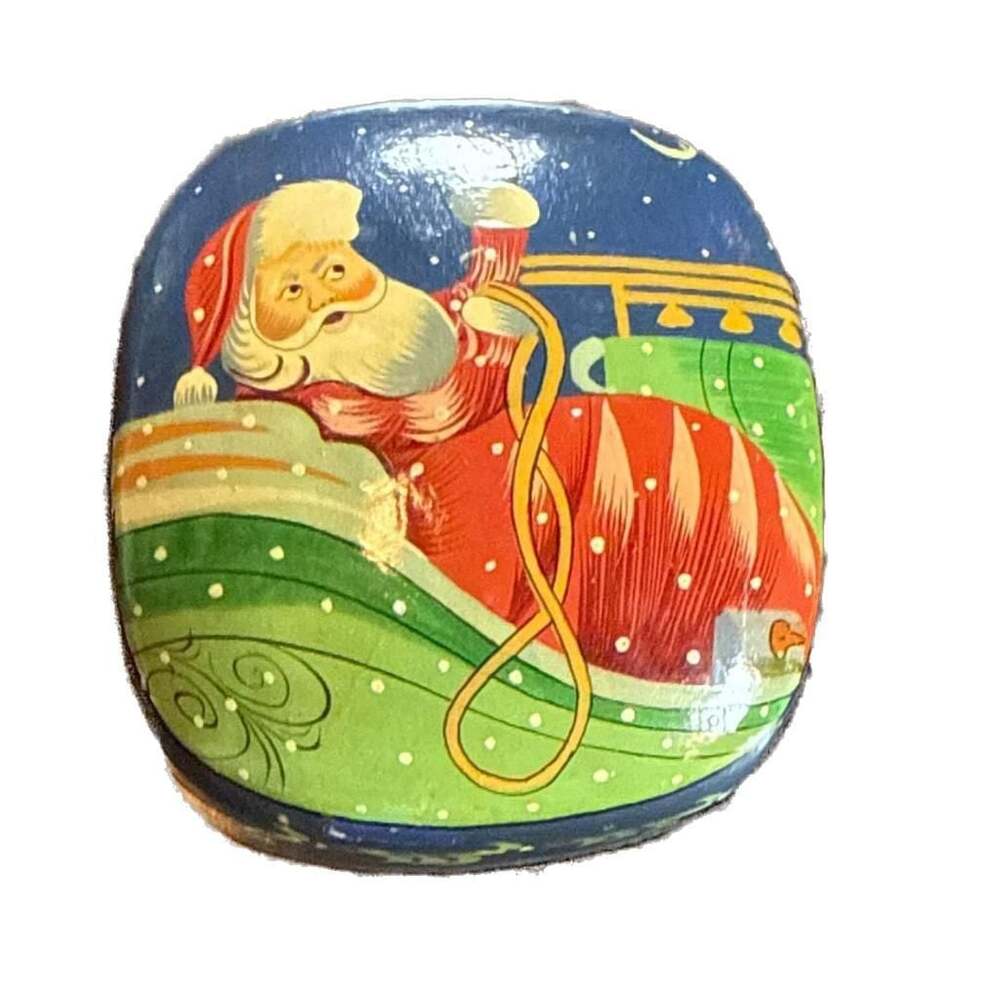 Vintage Hand Painted Paper Mache Lacquer Santa Claus Trinket Box, 3” x 3”